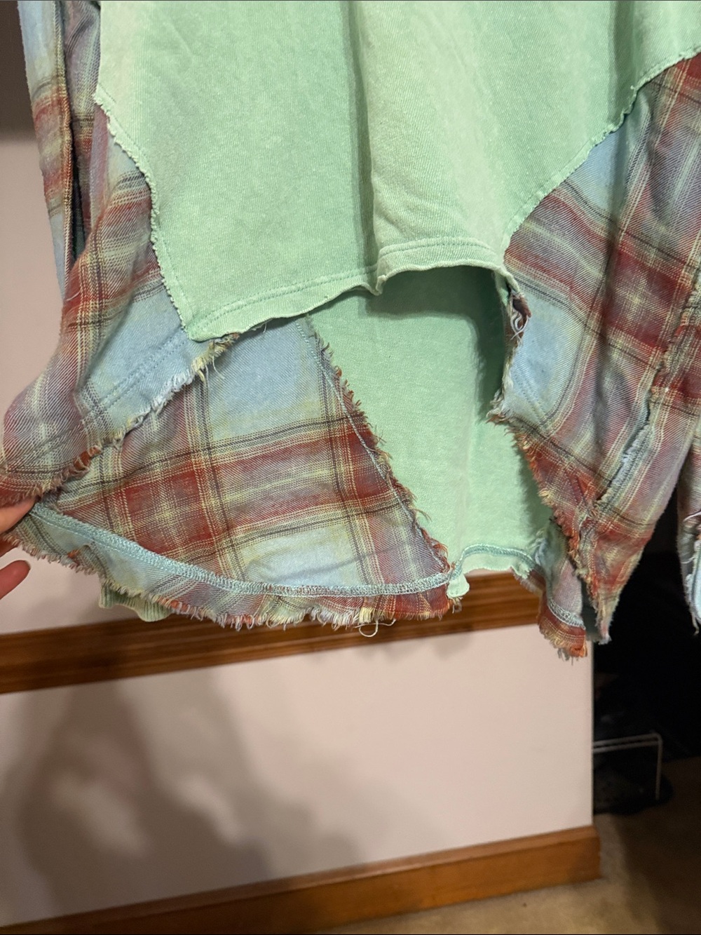 We The Free Mint Green Pullover with Plaid Sleeve Panels - Picture 2 of 6